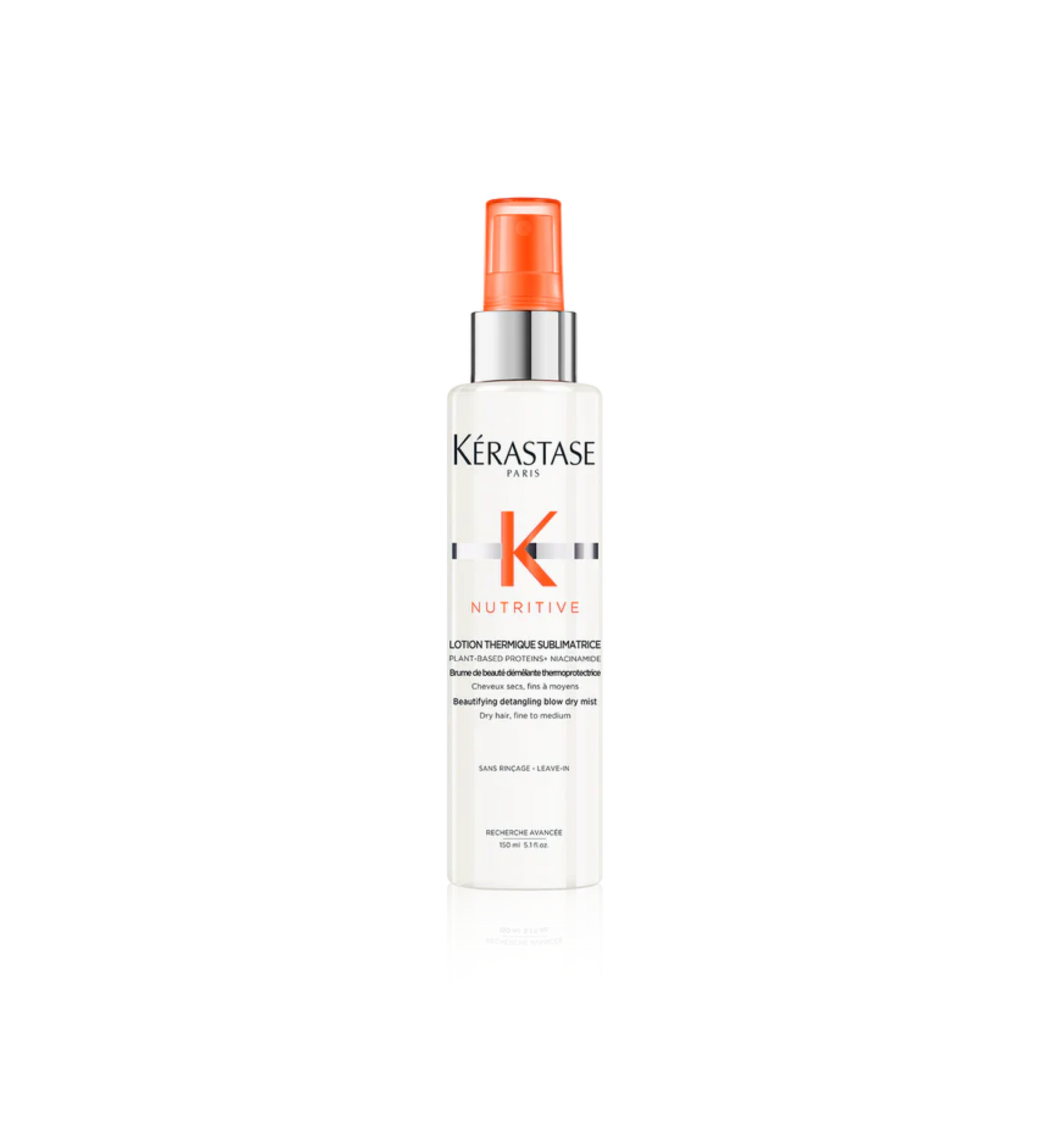 A bottle of **Kérastase Nutritive Lait Vital Detangling Blow-Dry Mist**, a lightweight, nourishing leave-in spray that hydrates and detangles dry hair while providing heat protection for a smooth, healthy finish.