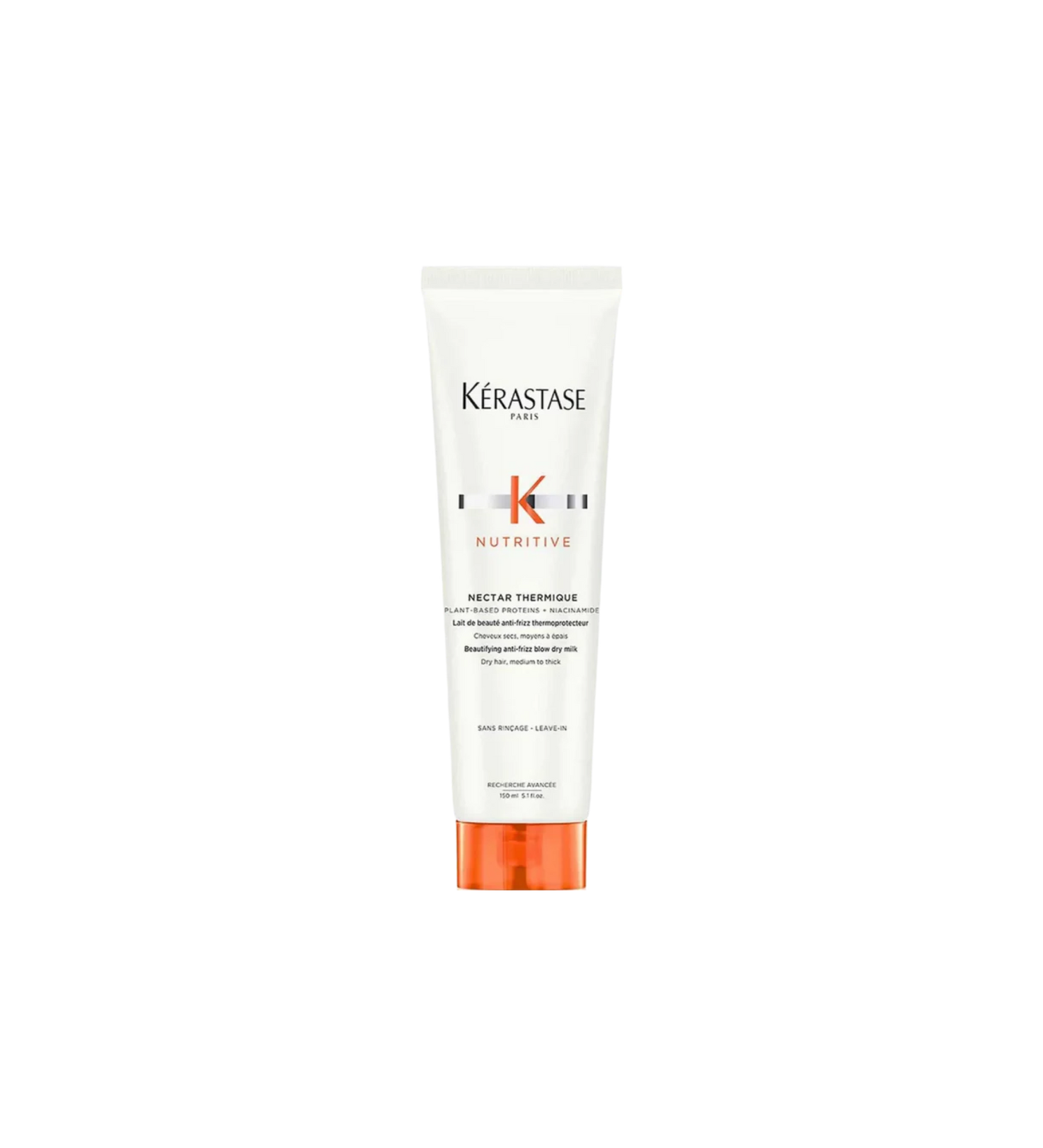 A tube of **Kérastase Nutritive Nectar Thermique Blow-Dry Cream**, a nourishing heat protectant designed to smooth and hydrate dry hair while protecting against heat styling for a soft, shiny finish.