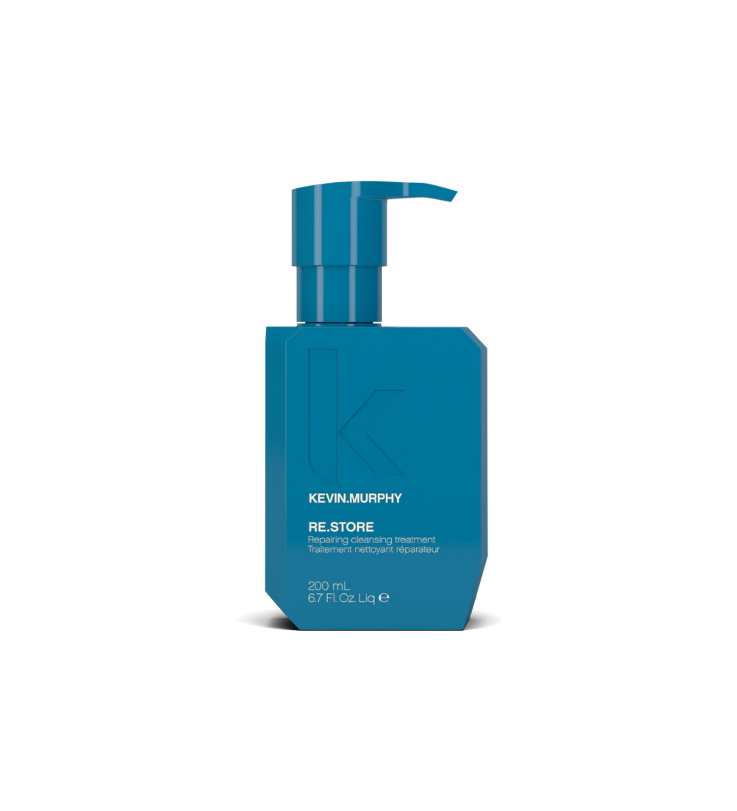 A bottle of **KEVIN.MURPHY RE.STORE**, a repairing cleansing treatment that gently cleanses and deeply nourishes damaged or over-processed hair. Formulated with superfood proteins and amino acids to strengthen, hydrate, and restore hair’s natural elasticity—all in a non-foaming, conditioning formula.