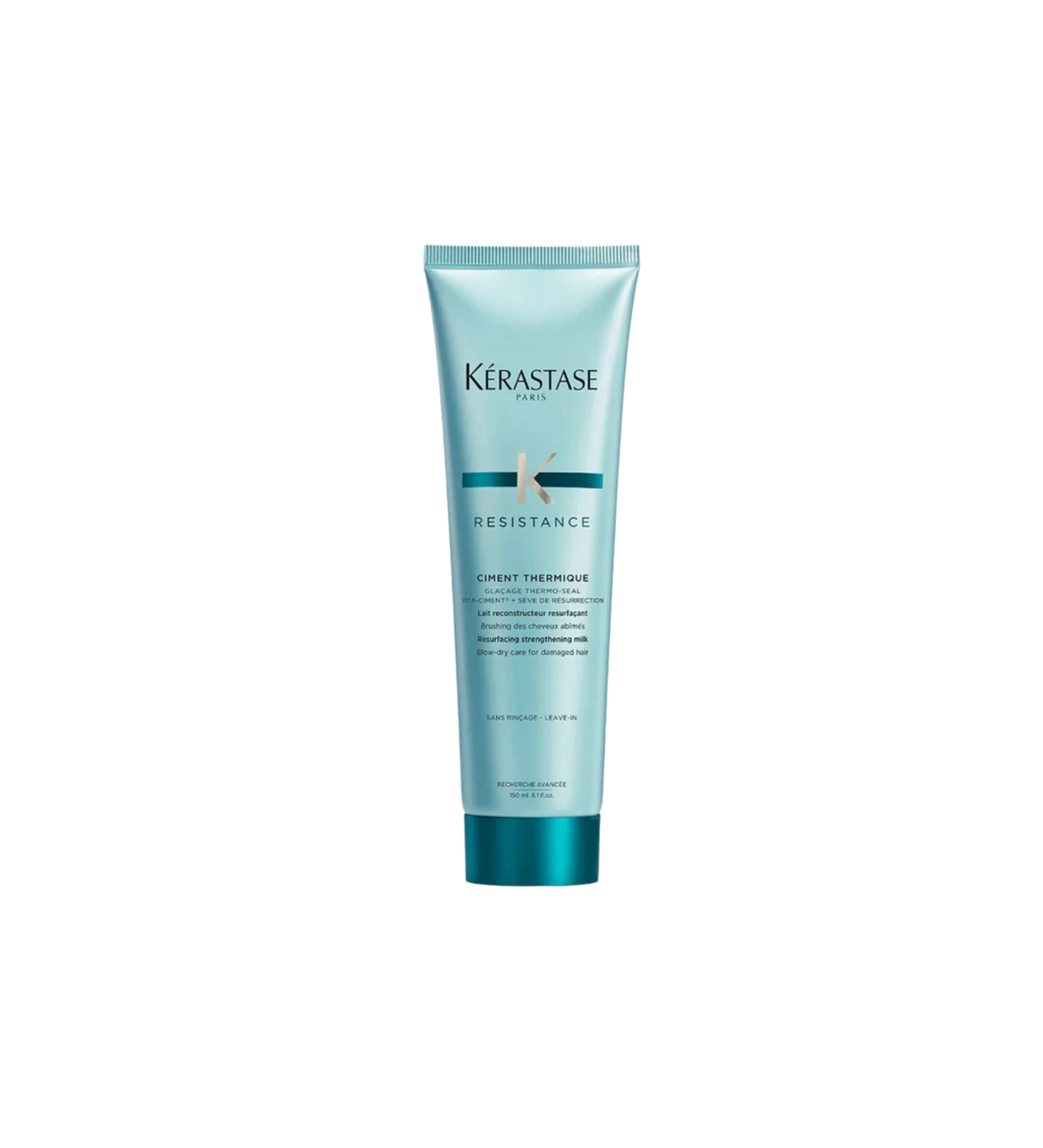 A bottle of **Kérastase Résistance Ciment Thermique**, a blow-dry primer designed to strengthen and protect damaged hair from heat styling. This lightweight, leave-in treatment helps prevent breakage while smoothing and fortifying hair for a sleek, healthy finish.