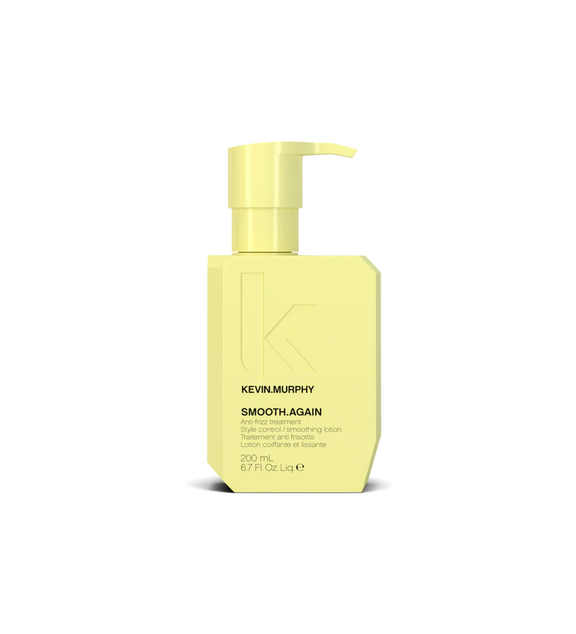 A bottle of **KEVIN.MURPHY SMOOTH.AGAIN**, a dual-purpose leave-in treatment and styling cream designed to nourish, smooth, and control frizz for thick, coarse, or unruly hair. Infused with keratin proteins and nourishing oils, it helps soften hair while providing long-lasting humidity resistance and heat protection.