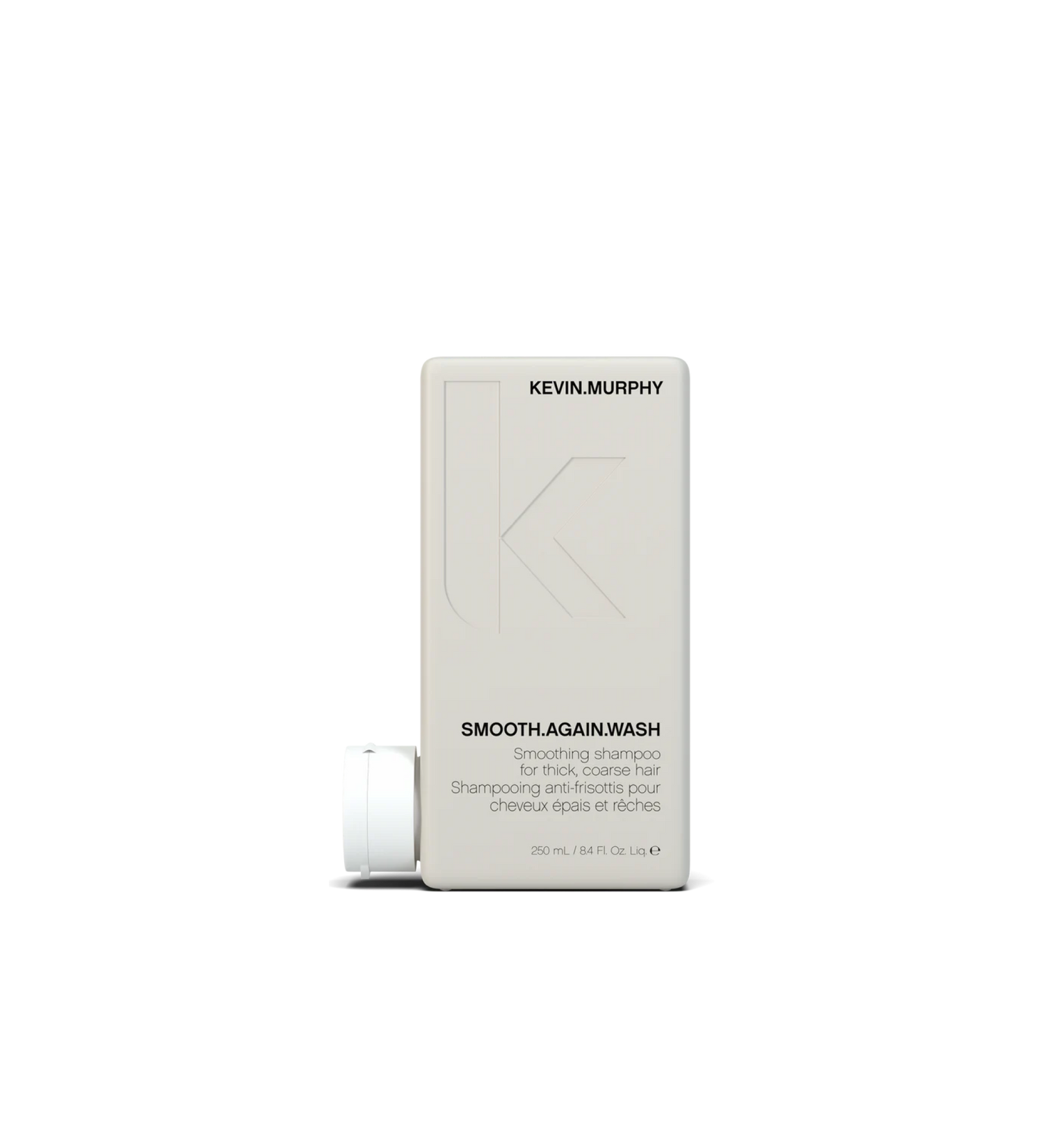 A bottle of **KEVIN.MURPHY SMOOTH.AGAIN WASH**, a smoothing shampoo designed to cleanse, nourish, and control frizz for thick, coarse, or unruly hair. Enriched with monoi oil and murumuru butter, it helps soften, hydrate, and enhance manageability while promoting a sleek, polished finish.