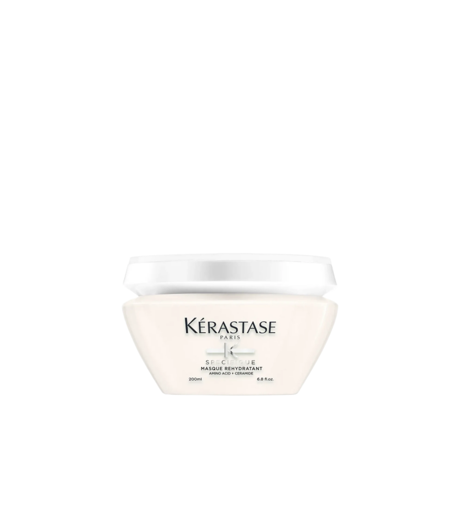 A jar of **Kérastase Spécifique Masque Réhydratant**, an intensely hydrating hair mask designed to replenish moisture, detangle, and smooth dehydrated hair. Its lightweight gel texture restores softness and shine without weighing hair down.
