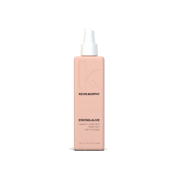 A bottle of **KEVIN.MURPHY STAYING.ALIVE**, a lightweight leave-in treatment designed to repair, hydrate, and smooth damaged or color-treated hair. Infused with silk proteins and antioxidants, it helps strengthen hair, reduce frizz, and protect against environmental stressors.